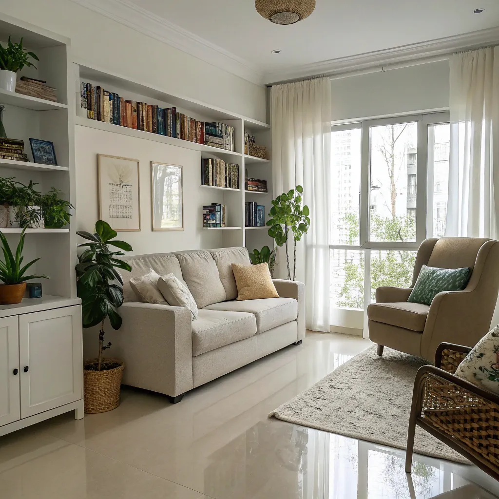 Clean and organized living room space