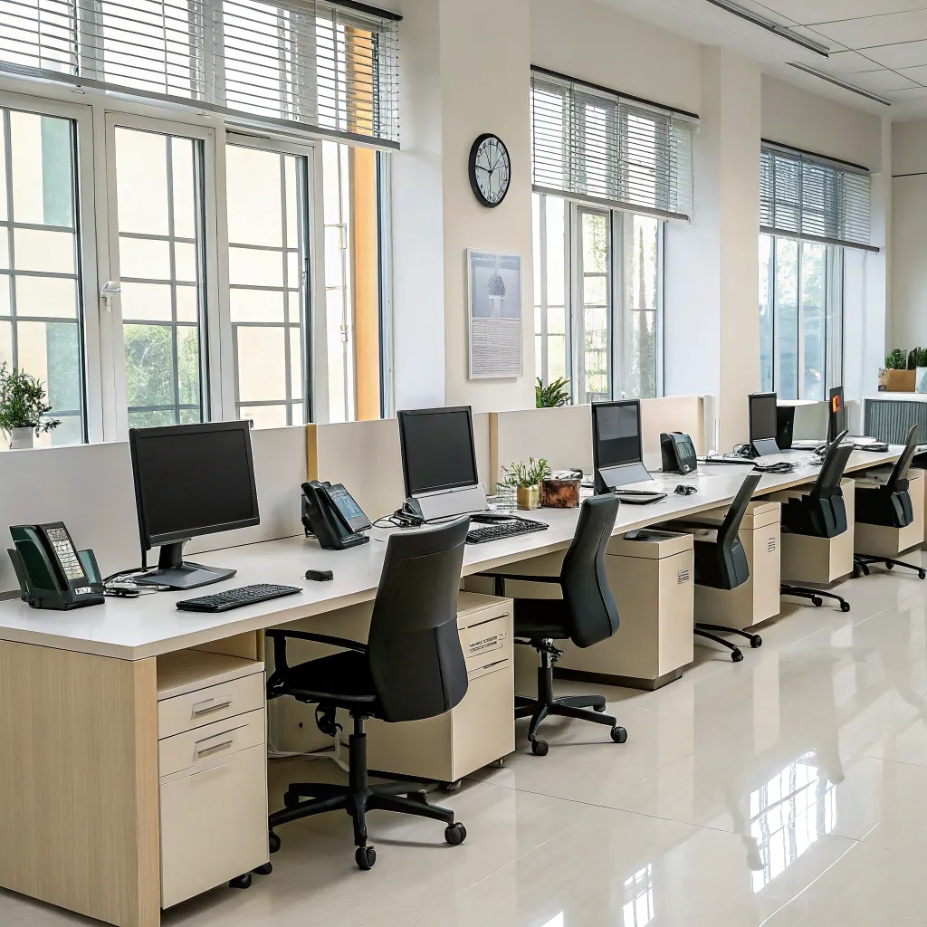 Clean office space with desks and chairs